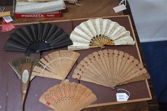 A 19th century Chinese carved sandalwood fan and other wooden and fabric fans Chinese fan 20.5cm (6)